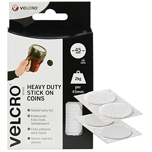 VELCRO Marke | Strapazierfähige aufklebbare Münzen | Industrielle extra starke doppelseitige selbstklebende Klebemünzen mit Klettverschluss | Weiß | 45 mm x 45 mm | 6er Pack von VELCRO Brand