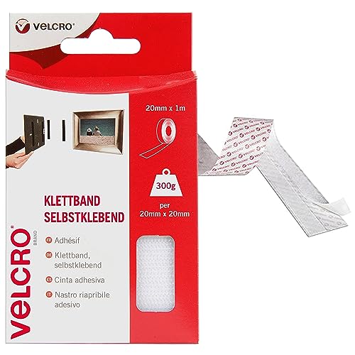 Velcro VEL-EC60210 Brand Klettband-Selbstklebend, 20 mm x 1 m Rolle-Weiss | Perfekt für zu Hause oder im Büro, 20mm x 1m von VELCRO Brand