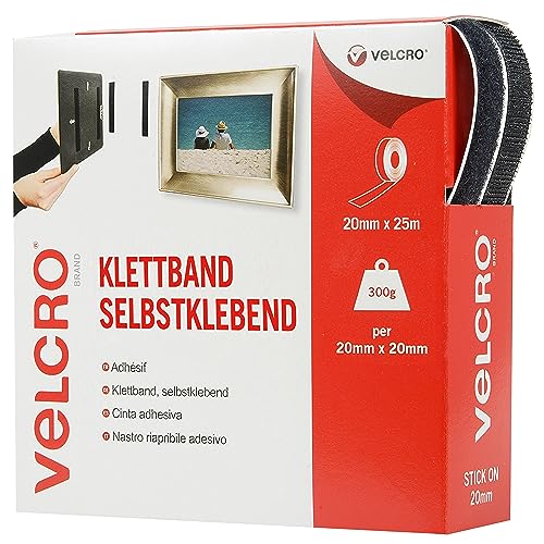 VELCRO Marke | Klettband Selbstklebend | Zuschneidbares, starkes, selbstklebendes Klettband mit Klettverschluss, perfekt für Raumdekoration und Wohnaccessoires, Garage | Schwarz | 20 mm x 25 m von VELCRO Brand