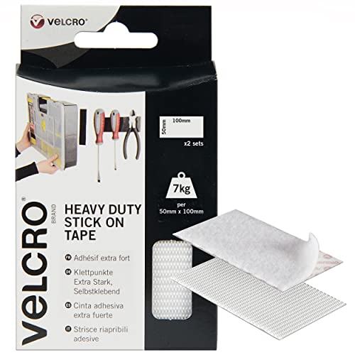 VELCRO Marke | Strapazierfähige Klebestreifen | Industrielle extra starke doppelseitige selbstklebende Klettbandstreifen mit Klettverschluss | Weiß | 50 mm x 100 mm | Doppelpack von VELCRO Brand