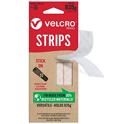 Velcro® Marke | Eco Stick On Strips | Schraubenfreie, starke Klettverschluss-Streifen, selbstklebend, perfekt für Raumdekoration & Zuhause, Büro, Garage | Weiß | 20 mm x 64 mm | 8 Stück von VELCRO Brand