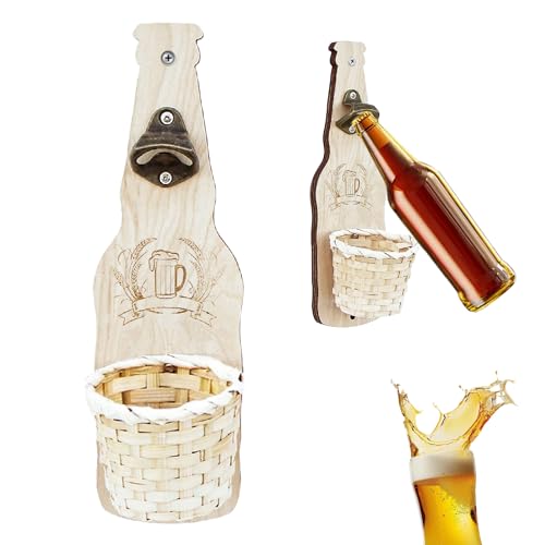 Flaschenöffner Hölzerne, Bieröffner zur Wandmontage mit Auffangbehälter, Verwendung als Küche Hof Bar Dekoration, Flaschenöffner Geschenk für Männer und Bierliebhaber (Geflochtener Korb) von VELCUMA