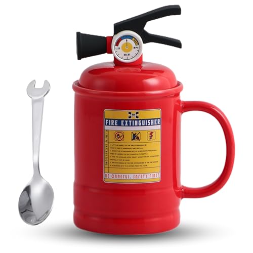 VELCUMA Feuerlöscher Kaffeetasse – 3D Keramikbecher mit Deckel – 500ml Geschenk für Feuerwehrmänner, Männer, Frauen & Kinder von VELCUMA