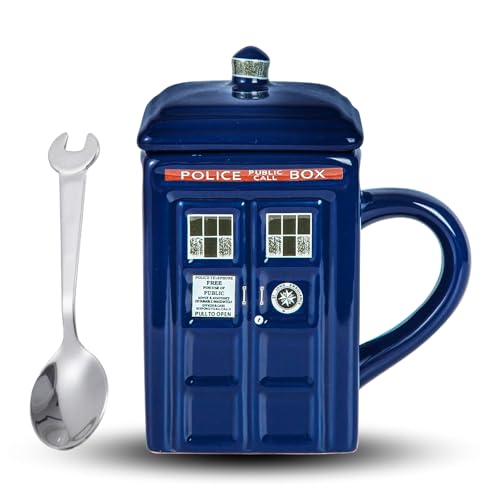 VELCUMA Kaffeetasse Telefonzelle Design mit Deckel – 500ml Keramikbecher – Lustiges Geschenk für Freunde, Familie & Kollegen von VELCUMA