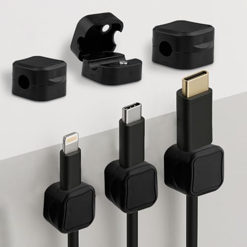 VELLUSTRA 6 Stück Magnetischer Kabelhalter Selbstklebend Kabel Organizer, Kabelhalter Kabelclips 360°Drehbar, Kabelhalter für Schreibtisch, Nachttisch, Ladekabeln, HDMI, USB, Audiokabel (Schwarz) von VELLUSTRA