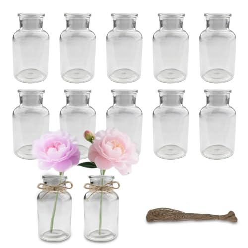 VELLUSTRA 12 Stück Mini Glasvasen, 125ml Vasen Klein, mit Juteschnur, Vase Deko, Minimalistische Blumenvase Glas Vasen Set für Hochzeit Party Esstisch Tafelaufsatz Tischvase Deko, Spülmaschinenfest von VELLUSTRA