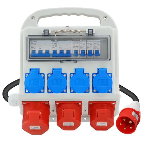 Baustromverteiler 32A 4x230V+2x16A 400V CEE+1x32A 400V CEE,LS-Schalter Kabel mit CEE-Stecker,IP44 Wasserdicht mit Sicherheitsklappdeckeln,Baustromverteiler Wandverteiler von VELPAX