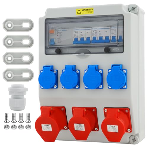 Baustromverteiler mit Leitungsschutzschalter und FI,4x230V 2x16A 1x32A 400V CEE,4xSchuko-Steckdose und CEE-Steckdose 16/32A Stromverteiler für Innen und Außen von VELPAX