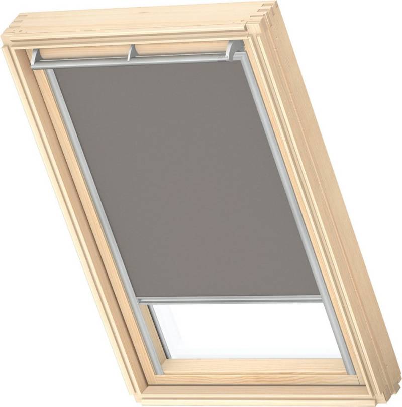 Verdunklungsrollo DKL 0705S, VELUX, verdunkelnd, ohne Bohren, in Führungsschienen, VELUX »Pick & Click!«, Stoff grau mit weißen Führungsschienen & Griffleiste von VELUX