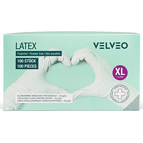 100 Stück Latex Untersuchungshandschuhe in Spender-Box - Größe wählbar: S, M, L, XL Einweghandschuhe Einmalhandschuhe Größe XL von VELVEO