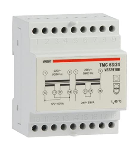 VEMER VE229100 TMC 63/24 - Trafo für Hutschienen mit Primärspannung 230V, Sekundärspannung 12-24V und Leistung 63VA, Weiß von VEMER