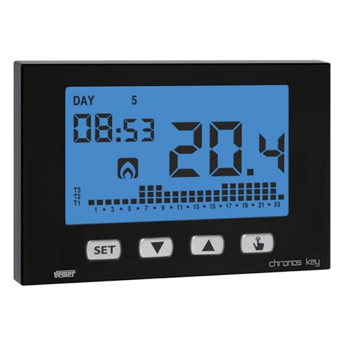 VEMER VE726600 Chronos Key Digital Heizungsthermostat, Raumthermostat mit LCD-Anzeige, Tastatur mit 4 Tasten, Wöchentliche Programmierung, Stromversorgung mit Batterien, Schwarz von VEMER