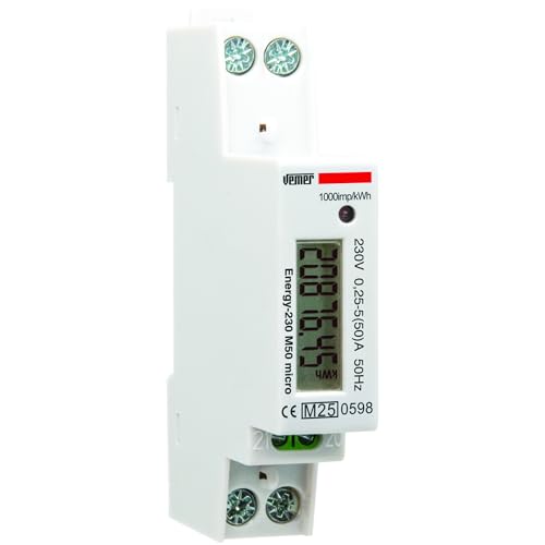 VEMER VE798900 Energy 230 M50 Micro – Stromzähler, einphasig, DIN-Schiene, 1 Modul, Messgerät für den Stromverbrauch MID, maximal messbarer Strom 50 A, Stromversorgung 230 V, weiß von VEMER