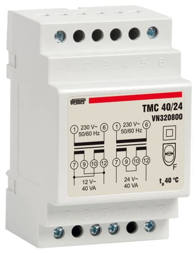 VEMER VN320800 TMC 40/24 - Trafo für Hutschienen mit Primärspannung 230V, Sekundärspannung 12-24V und Leistung 40VA, Weiß von VEMER