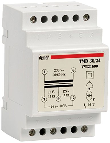 VEMER VN321600 TMD 30/24 Klingeltrafo für Hutschienen, Trafo mit Primärspannung 230V, Sekundärspannung 12-24V und Leistung 30VA, Weiß von VEMER