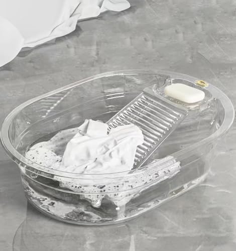 Tragbares Waschbrett & All-in-One-Waschtisch-Set, robustes Waschbrett zum Händewaschen von Kleidung, integrierte Scheueroberfläche, Ablaufstopfen für Camping, Wohnmobil, Notfall (transparentes Weiß Tragbares Waschbrett & All-in-One-Waschtisch-Set, robustes Waschbrett zum Händewaschen von Kleidung, integrierte Scheueroberfläche, Ablaufstopfen für Camping, Wohnmobil, Notfall (transparentes Weiß von VEMJO
