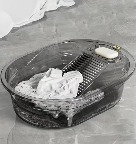 Tragbares Waschbrett und All-in-One-Waschtisch-Set, robustes Waschbrett zum Händewaschen von Kleidung, integrierte Scheueroberfläche, Ablaufstopfen für Camping, Wohnmobil, Notfall (transparentes Grau von VEMJO
