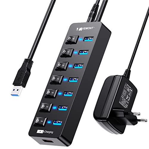 USB Hub Aktiv 3.0 mit Netzteil, VEMONT 7 Ports USB Verteiler - und 1 Intelligenter Charging mit 5V/3A , Splitter mit Individuellen Schalter und 1,2m Langes Kabel für PC/Laptop von VEMONT