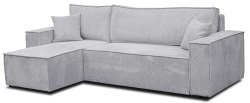 VENASI MÖBEL Ecksofa mit Schlaffunktion und Bettkasten Cord-Stoff Schlafsofa Eckcouch Sofa (Hellgrau) von VENASI MÖBEL