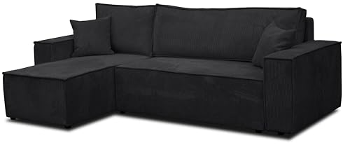 VENASI MÖBEL Ecksofa mit Schlaffunktion und Bettkasten Cord-Stoff Schlafsofa Eckcouch Sofa (Schwarz) von VENASI MÖBEL
