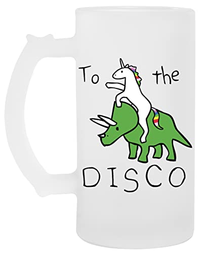 To The Disco (Unicorn Riding Triceratops) Glas Bier Becher Tasse Glass Beer Mug Cup von VENDAX