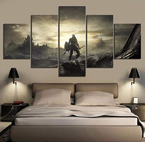 VENDISART,Leinwanddrucke,Modulare Wandkunst Wandaufkleber,5 Teiliges Wandbild,Dark Souls 3-Spielszene,Mit Rahmen,Größe:M/B=150Cm,H=80Cm von VENDISART