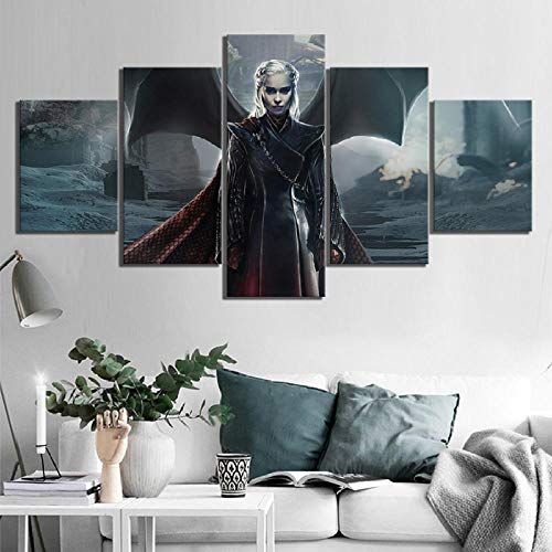 VENDISART,Leinwanddrucke,Modulare Wandkunst Wandaufkleber,5 Teiliges Wandbild,Game of Thrones Drachenkönigin Daenerys Targaryen,Mit Rahmen,Größe:M/B=150Cm,H=80Cm von VENDISART