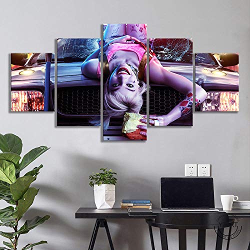 VENDISART,Leinwanddrucke,Modulare Wandkunst Wandaufkleber,5 Teiliges Wandbild,Greifvögel Film Harley Quinn,Mit Rahmen,Größe:M/B=150Cm,H=80Cm von VENDISART