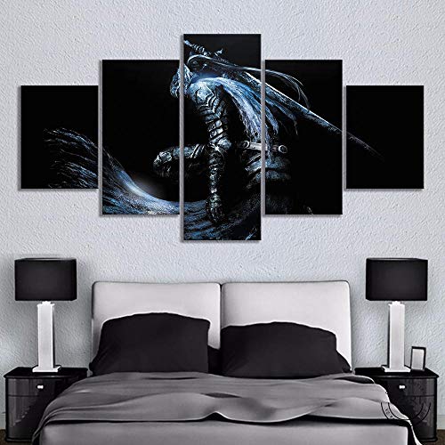 VENDISART,Leinwanddrucke,Modulare Wandkunst Wandaufkleber,5 Teiliges Wandbild,Krieger Bild Dark Souls Videospiel,Mit Rahmen,Größe:M/B=150Cm,H=80Cm von VENDISART