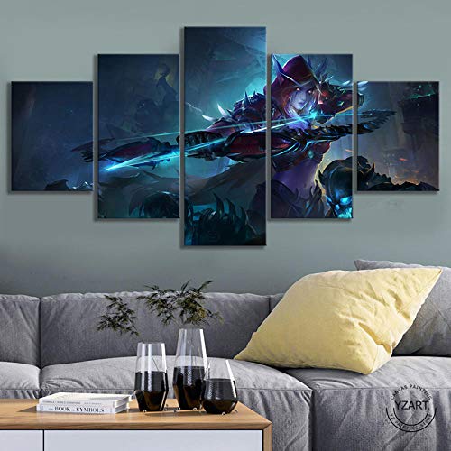 VENDISART,Leinwanddrucke,Modulare Wandkunst Wandaufkleber,5 Teiliges Wandbild,Sylvanas Windrunner World of Warcraft-Videospiele,Mit Rahmen,Größe:M/B=150Cm,H=80Cm von VENDISART