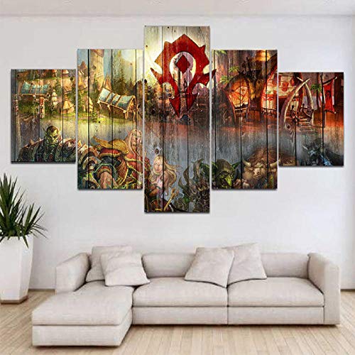 VENDISART,Leinwanddrucke,Modulare Wandkunst Wandaufkleber,5 Teiliges Wandbild,World of Warcrafts-Poster,Mit Rahmen,Größe:M/B=150Cm,H=80Cm von VENDISART