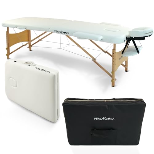 VENDOMNIA Mobile Massageliege - Holzfüße mit 2 Zonen höhenverstellbar inkl. hochwertiger Kopfstütze Tasche Armlehnen - Farbwahl Klappbar, Massagetisch Massagebett Massagebank Behandlungsliege von VENDOMNIA