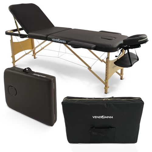 VENDOMNIA Mobile Massageliege - Holzfüße mit 3 Zonen höhenverstellbar inkl. hochwertiger Kopfstütze Tasche Armlehnen - Farbwahl Klappbar, Massagetisch Massagebett Massagebank Behandlungsliege von VENDOMNIA