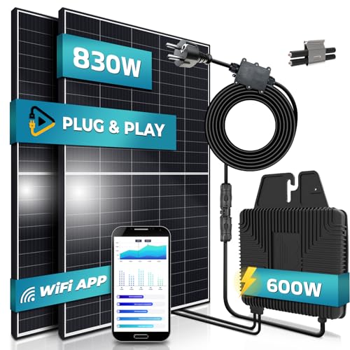 Balkonkraftwerk 830/600W, BENY 600W Micro-Wechselrichter, 2x415W Solarmodule, 5m Anschlusskabel, Wifi, Photovoltaikanlage, Mini-PV Anlage genehmigungsfrei, Solaranlage, Solarpanel, Inverter, Balkon von VENDOMNIA