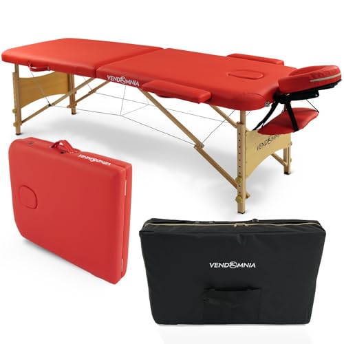 VENDOMNIA Mobile Massageliege - Holzfüße mit 2 Zonen höhenverstellbar inkl. hochwertiger Kopfstütze Tasche Armlehnen - Farbwahl Klappbar, Massagetisch Massagebett Massagebank Behandlungsliege von VENDOMNIA