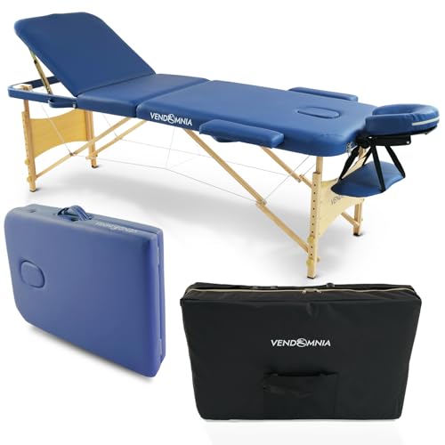 VENDOMNIA Mobile Massageliege - Holzfüße mit 3 Zonen höhenverstellbar inkl. hochwertiger Kopfstütze Tasche Armlehnen - Farbwahl Klappbar, Massagetisch Massagebett Massagebank Behandlungsliege von VENDOMNIA