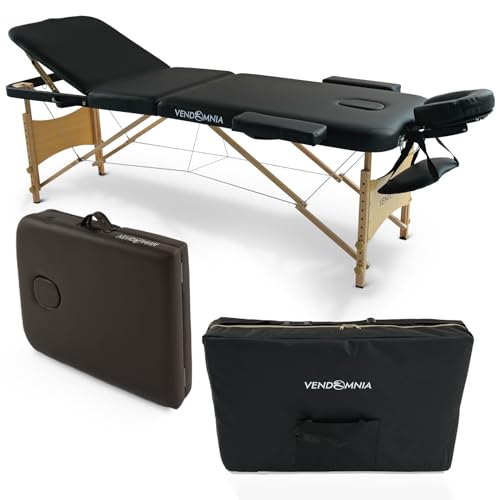 VENDOMNIA Mobile Massageliege - Holzfüße mit 3 Zonen höhenverstellbar inkl. hochwertiger Kopfstütze Tasche Armlehnen - Farbwahl Klappbar, Massagetisch Massagebett Massagebank Behandlungsliege von VENDOMNIA