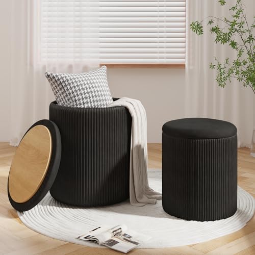 Runder Ottomane mit Aufbewahrung, Runder Ottomane Vanity Hocker mit Stauraum 2er Set, Runder Aufbewahrungs-Ottomane, Multifunktionale Samt Aufbewahrung Ottomane Rund, Kleine Schwarze Ottomane von VENDORZ