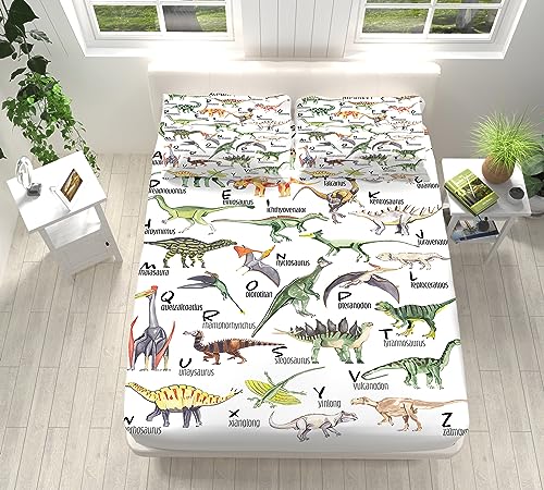 Erwachsene Kinder Spannbettlaken 140x200 cm Weiche Mikrofaser Boxspringbett Bettlaken Tieralphabet-Dinosaurier Dekorativer Stoff Spannbetttuch, für Matratzen von 5-30 cm Mit 2 Kissenbezügen von VENESS