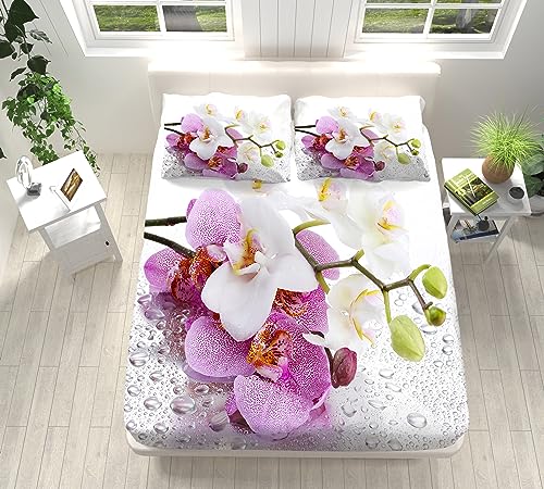 Erwachsene Kinder Spannbettlaken 180x200 cm Weiche Mikrofaser Boxspringbett Bettlaken Orchidee Pflanzen Dekorativer Stoff Spannbetttuch, für Matratzen von 5-30 cm Mit 2 Kissenbezügen von VENESS