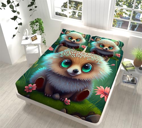 Erwachsene Kinder Spannbettlaken 90x200 cm Weiche Mikrofaser Boxspringbett Bettlaken Cartoon-Tier-Igel-Muster Dekorativer Stoff Spannbetttuch, für Matratzen von 5-30 cm Mit 2 Kissenbezügen von VENESS