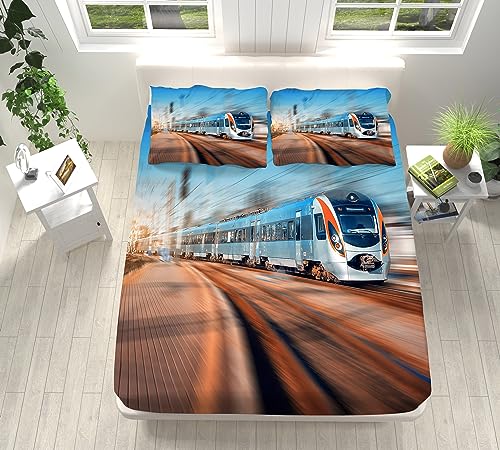 Erwachsene Kinder Spannbettlaken 90x200 cm Weiche Mikrofaser Boxspringbett Bettlaken S-Bahn-Muster Dekorativer Stoff Spannbetttuch, für Matratzen von 5-30 cm Mit 2 Kissenbezügen von VENESS