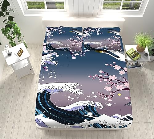 Kinder Jungen Mädchen Bettlaken Set Spannbettlaken 180x200cm Japanische Kranich-KirschblüTenwellen Weiches Mikrofaser Spannbetttuch für Boxspringbetten Atmungsaktiv Bettwäsche Tiefe Tasche 30 cm von VENESS