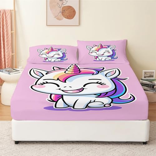 Kinder Jungen Mädchen Bettlaken Set Spannbettlaken 180x200cm Rosa Cartoon-Einhorn-Muster Weiches Mikrofaser Spannbetttuch für Boxspringbetten Atmungsaktiv Bettwäsche Tiefe Tasche 30cm von VENESS