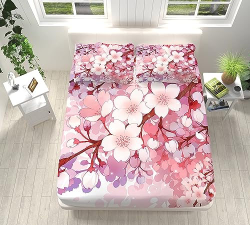 Spannbettlaken 140x200cm für Kinder Jungen Mädchen Bettlaken Set Anti-Fade Rosa Pflanzenpfirsichblüte Weiches Spannbettlaken Atmungsaktiv Bettwäsche Tiefe Tasche 30 cm mit 2 Kissenbezügen 80x80cm von VENESS