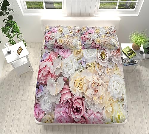 Spannbettlaken Set 90x200cm, Rosa weiße Blumen Spannbetttuch Weiche Atmungsaktiv Microfaser mit 2 Kissenbezug, Spannbetttücher für bis 25-30 cm Matraze and Kinder Erwachsener von VENESS