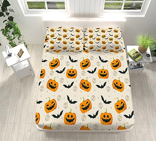 Kinder Jungen Mädchen Spannbetttuch für Boxspringbett 180x200cm, Halloween-Kürbis-Druck Rutschfestem Weiche Mikrofaser Spannbettlaken bis 30cm Hohe für Matratzen in Vielen Größen von VENESS