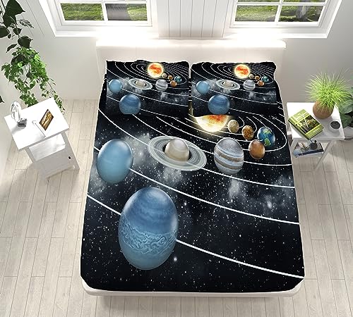 Spannbettlaken für Boxspringbett 180x200 cm, Planeten des Sonnensystems Rutschfestem Weiche Spannbetttuch, Mikrofaser Matratzenschoner bis 30cm Hohe für Jungen Mädchen + 2 Kissenbezügen 80x80 cm von VENESS