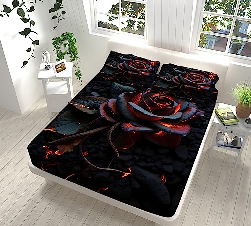 VENESS 3D Spannbettlaken Set 200x200 cm Magma Rose-Thema Weiches Mikrofaser Spannbetttuch für Boxspringbetten, Gummizug Tiefe Tasche 30 cm, Für Kinder & Erwachsene, Mit 2 Kissenbezügen 80x80 cm von VENESS