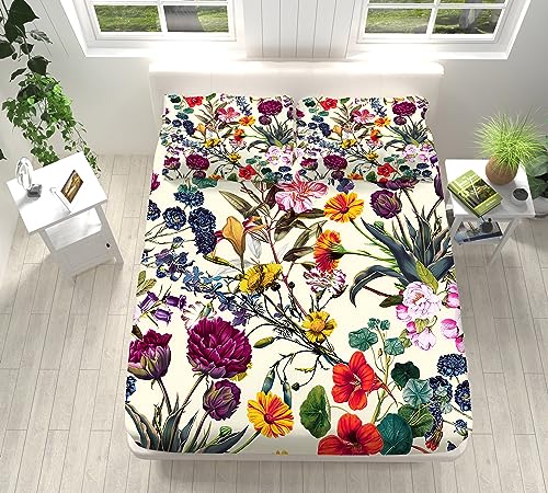 VENESS Erwachsene Kinder Spannbettlaken 180x200 cm Weiche Mikrofaser Boxspringbett Bettlaken Bunte Pflanzen Und Blumen Dekorativer Stoff Spannbetttuch, für Matratzen von 5-30 cm Mit 2 Kissenbezügen von VENESS